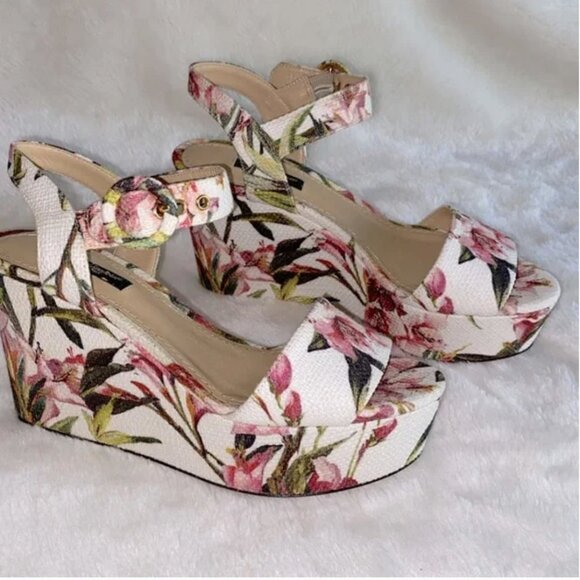 Authentic DOLCE & GABBANA LUX Floral Wedge Platform Sandals Size 37 1/2 - Picture 1 of 9